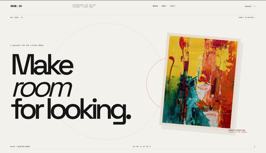 Art Gallery homepage with editorial typography and featured abstract artwork