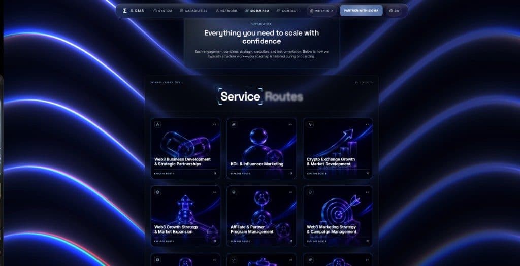 SIGMAA.PRO capabilities — service routes for growth, KOLs, and marketing